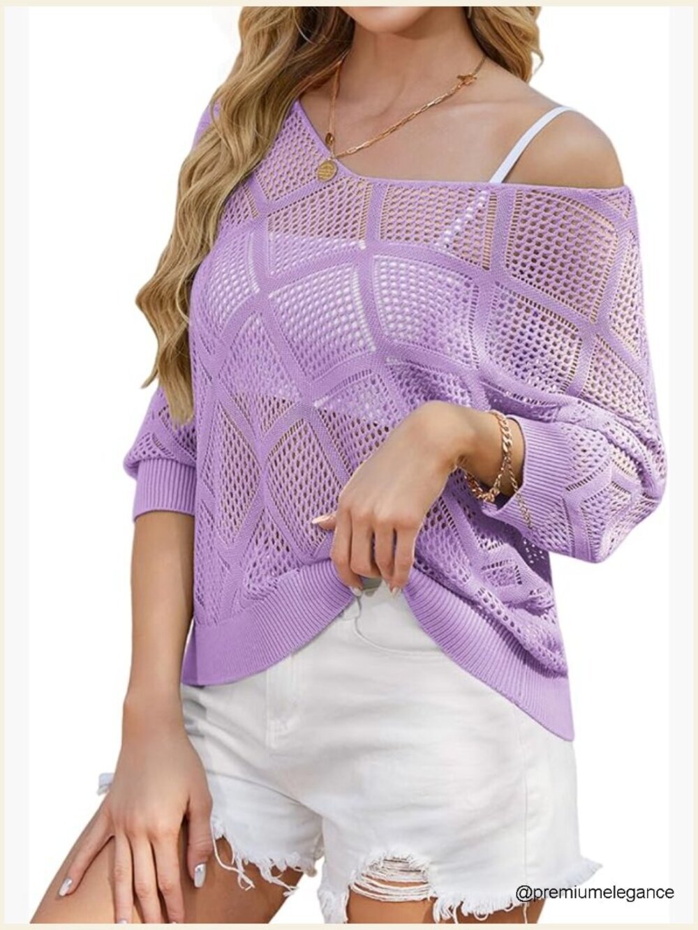 Women's Off-Shoulder Crochet Cover Up Top 3/4 Sleeve Sheer Beach Pool Coverup